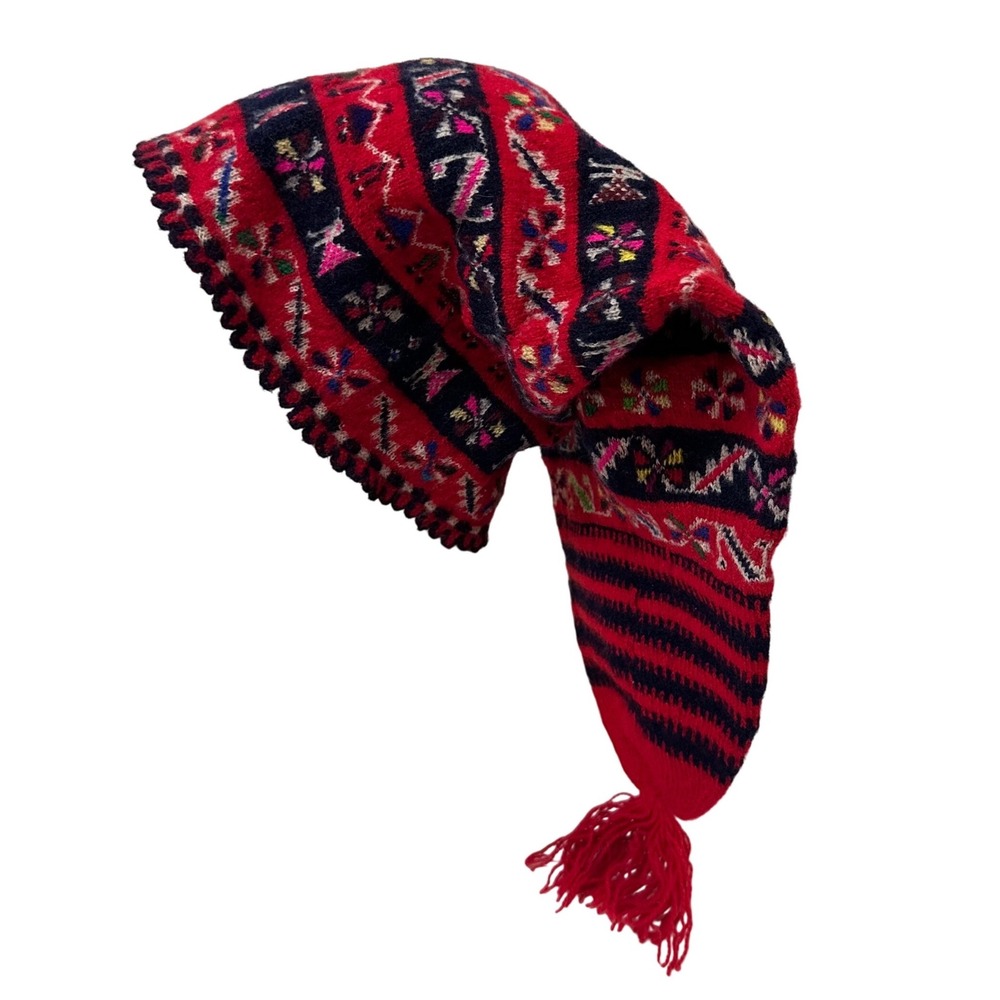Handmade Peruvian Knit Chullo Hat Red Llama Folk Art Long Stocking Cap Tassel
